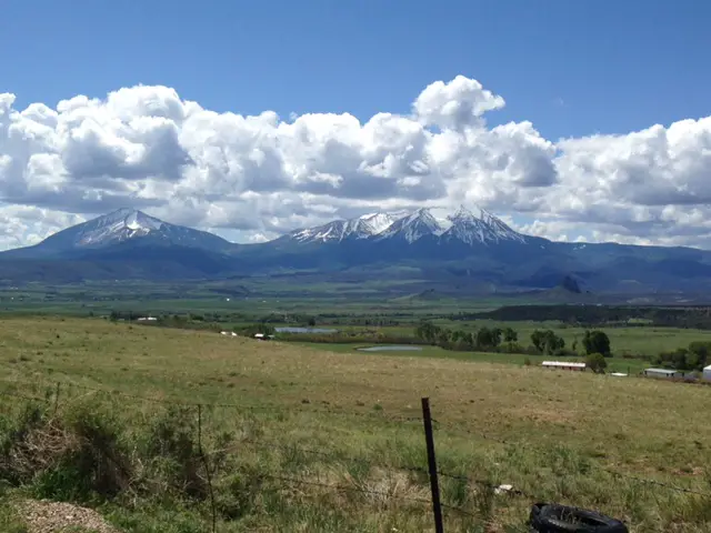 Green, grassy meadow with snow-capped mountains towering in the background