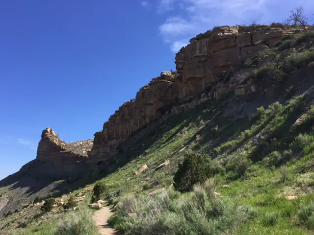 A dirt path traverses a steep hill covered in green, sage grass with a brown, rock wall towering above. 