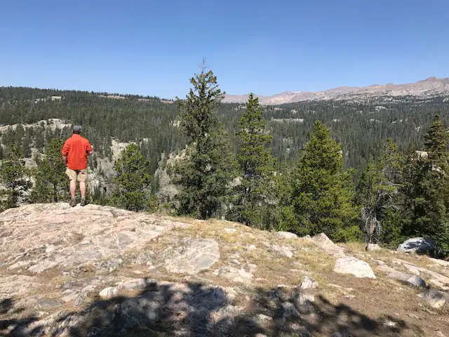 Mr. Trekker stands on a cliff edge with his back to us, looking out over the mountain vista. Tree-covered mountain slopes are in the background.