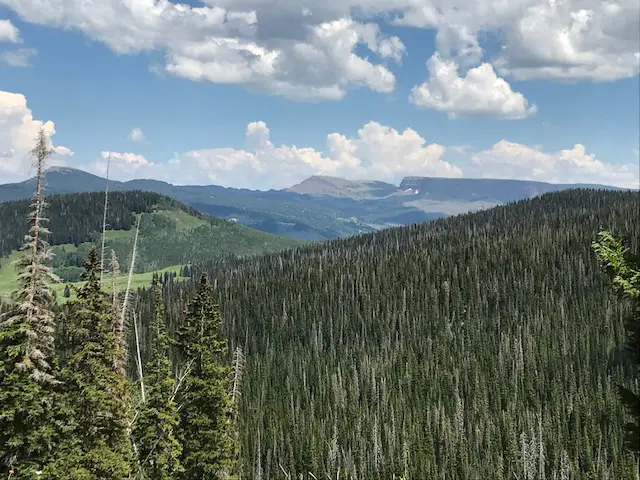 Green, pine-covered mountains stretch to the horizon. In the far-background is a rocky, flat-topped mountai.