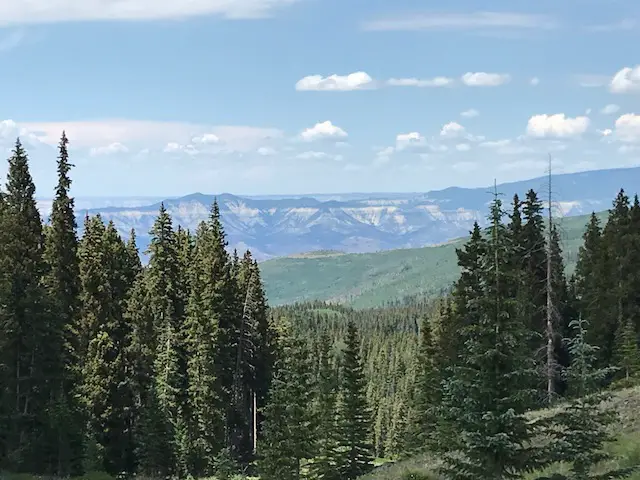 Green, pine trees descend the mountain in the foreground. Tree-covered, rocky mountains in the background