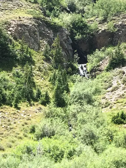 Short, green, tree and grass-covered canyon walls with a small stream/waterfall flowing among them
