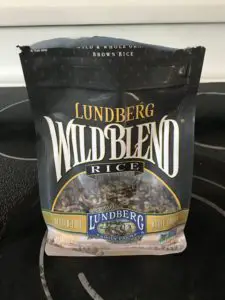 Bag of Lundberg Wild Blend rice sitting on a stove