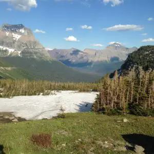 A green meadow with a snow field in the foreground. Large, rocky mountains in the background.