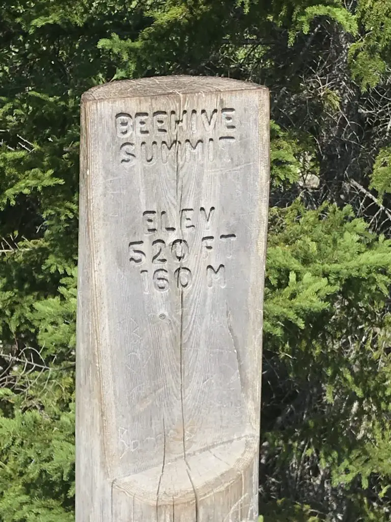 Wooden signpost reads, "Beehive Summit Elev 520 ft/160m