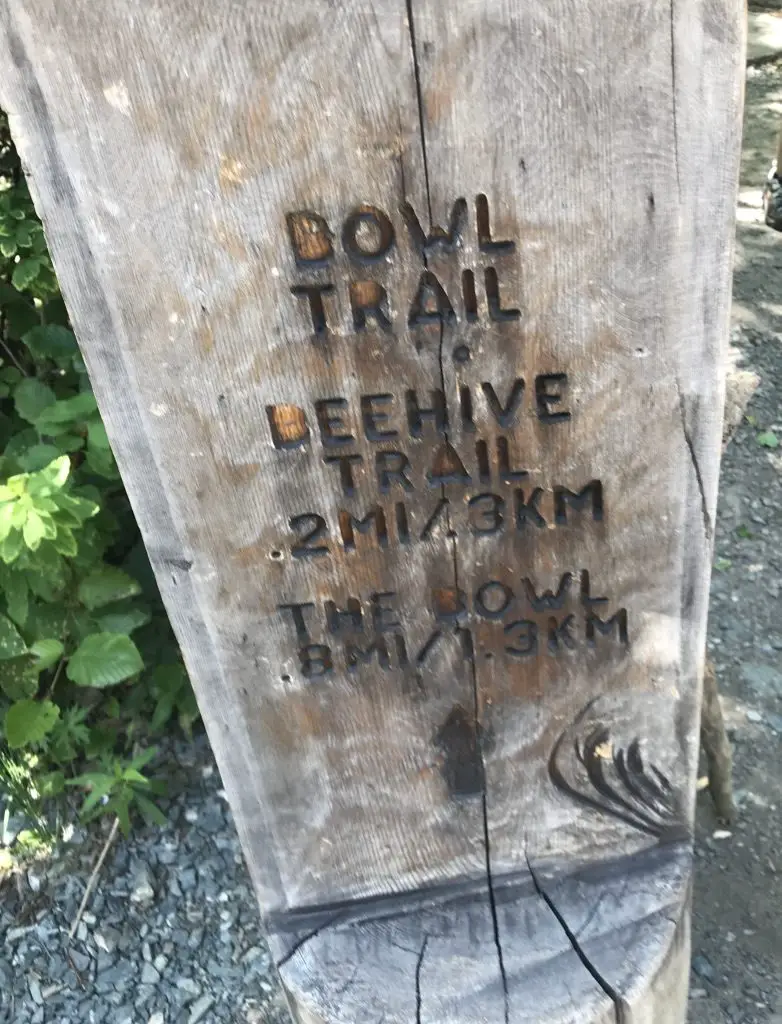 Wooden signpost marks the start of two hiking trails. The sign reads, "Bowl Trail--Beehive Trail 2mi/3km; The Bowl .9 mi/1.3km"