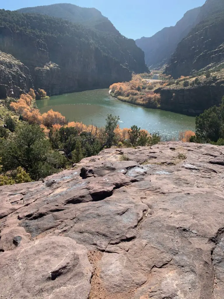 A river winds through a desert canyon. Tree-covered, steep, rocky walls line both sides of the canyon.