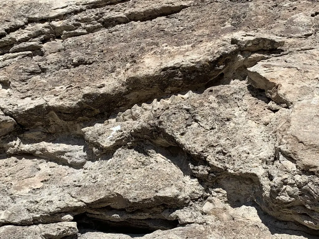 A rock wall with white arrows painted on it pointing to a specific section