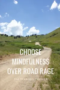 A dirt road traverses a grassy, hilly area. Pin reads, "Choose mindfulness over road rage"