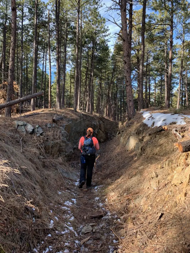 Back view of a woman walking through a narrow gulley. Patchy snow on dirt hillsides loom just over her head on both sides. A tall, pine tree forest rises from the gulley.