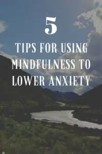 Photo of a river running through a canyon with rock walls on both sides and green trees and grass in the foreground. Pin reads, "5 Tips for Using Mindfulness to Lower Anxiety". 