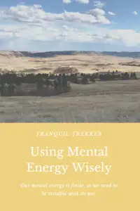 View overlooks brown-grass hills and rolling plains dotted with pine trees all under a blue sky speckled with white, fluffy clouds. Pin reads, "Using Mental Energy Wisely"