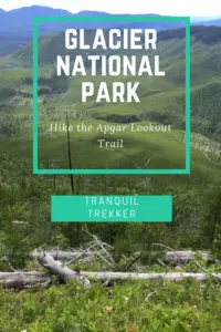 View down a mountain from above. Green grass and tree-covered mountains in the distance. Pin reads, "Glacier National Park, Hike the Apgar Lookout Trail"