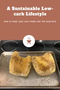 Two halves of yellow squash, sprinkled with pepper, sit on a baking pan. Pin reads, "A Sustainable Low-carb Lifestyle. How to lower your carb intake over the long-term."