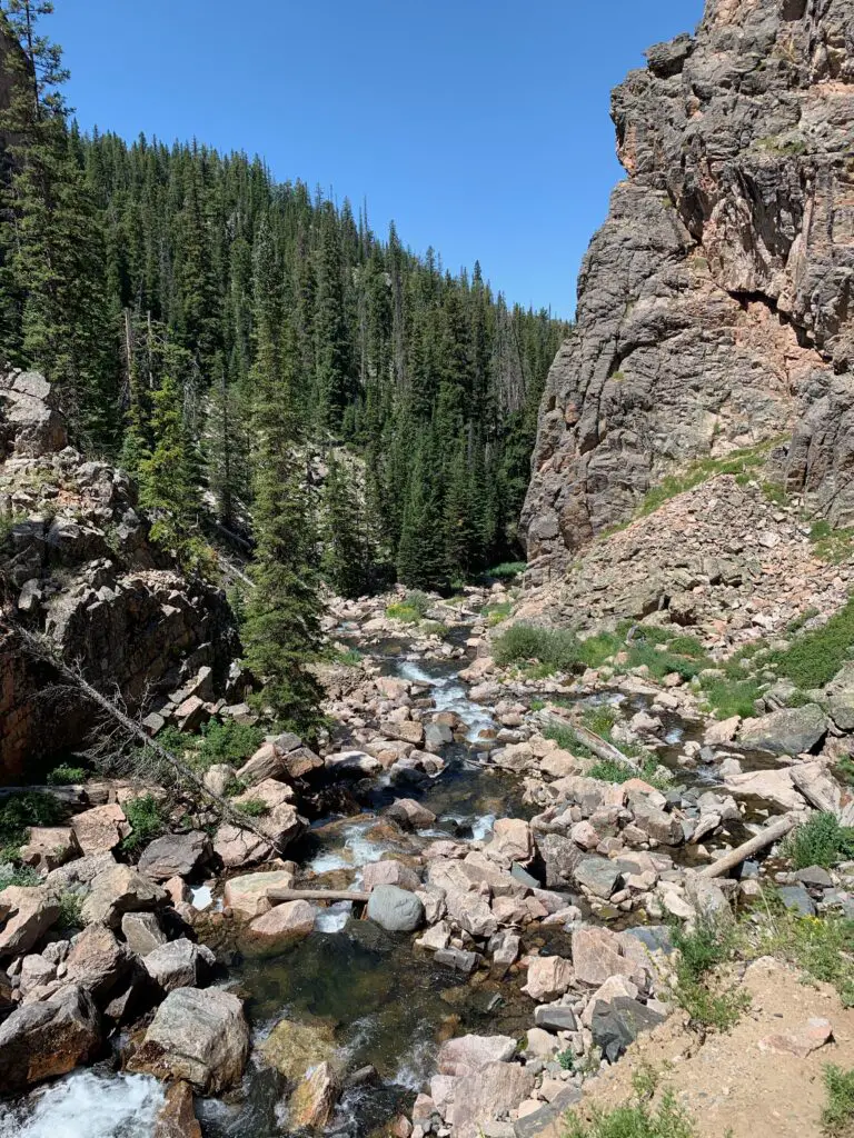 A rocky creek travels between a rock wall and a tree-covered mountain