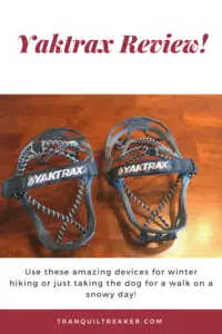 Two springed, traction devices sit on a table. Yaktrax are labled on the velcro. Pin reads, "Yaktrax Review! Use these amazing devices for winter hiking or just taking the dog for a walk on a snowy day."