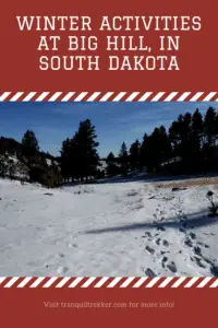 Snow-covered meadow in the foreground; green, pine trees in the background. Pin reads, "Winter Activities at Big Hill in South Dakota."