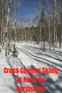 Footprints in the snow run through a "tunnel" of leafless trees, all under a clear, blue sky. Pin reads, "Cross Country Skiing is Hard! Be Persistent!"