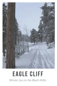 Ski tracks down a snow-covered forest road. Pine trees line both sides. Pin reads, "Eagle Cliff Winter fun in the Black Hills!"