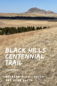 Brown-grass plain and green pine trees to the horizon where a mountain stands that looks like an animal laying down, all under a clear, blue sky. Pin reads, "Black Hills Centennial Trail between Alkali Creek and Bear Butte"