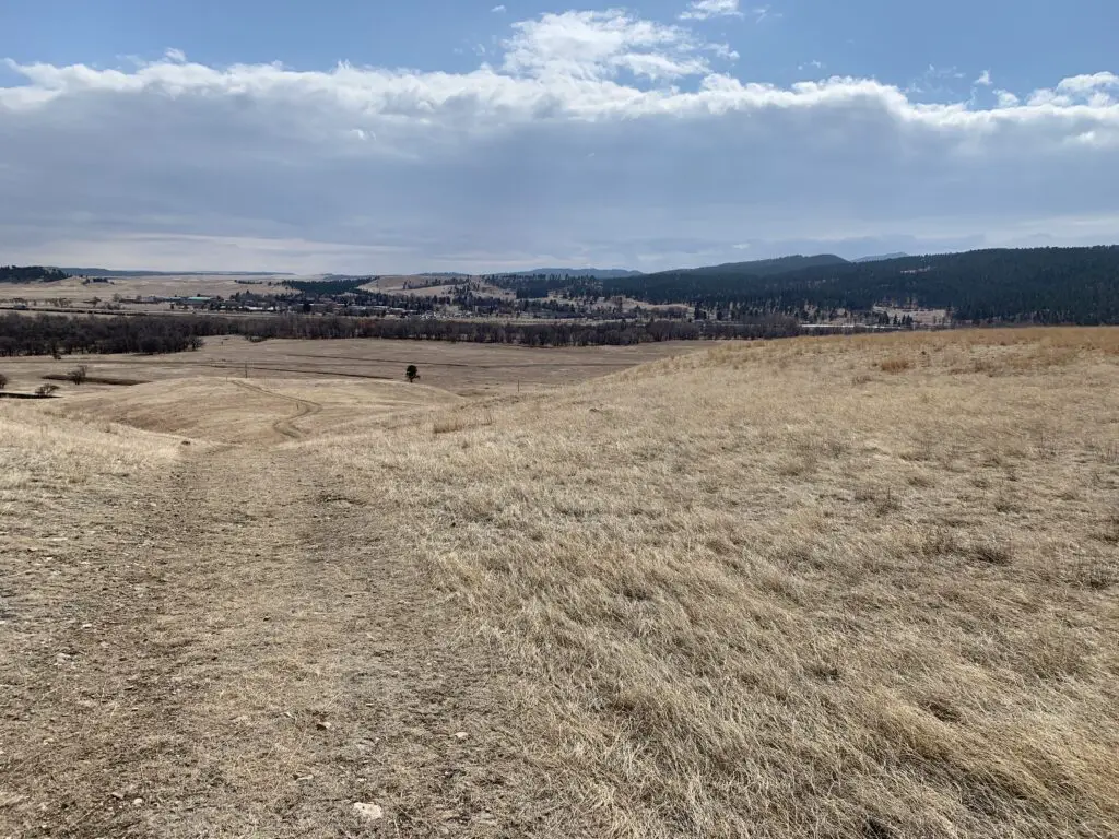 Brown-grass plain in the foreground leads to tree covered hills in the background 