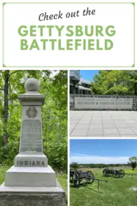 3 pictures: 1) Large, stone monument in the woods; 2) Large, brick and concrete welcome sign with a large, brick building behind it. Sign reads, "Gettysburg National Military Park Museum & Visitor Center"; 3) Two old, wooden wagons sit in a green grass field. Pin reads, "Check out the Gettysburg Battlefield"