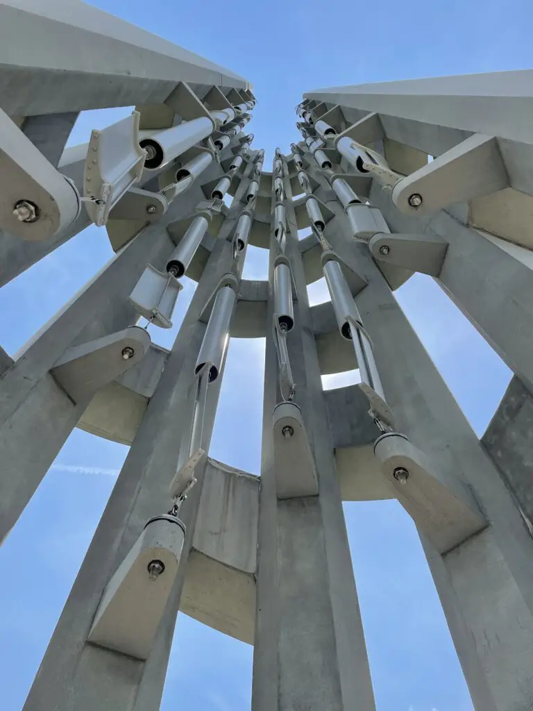 View from the bottom of the metal chimes that hang from the tower