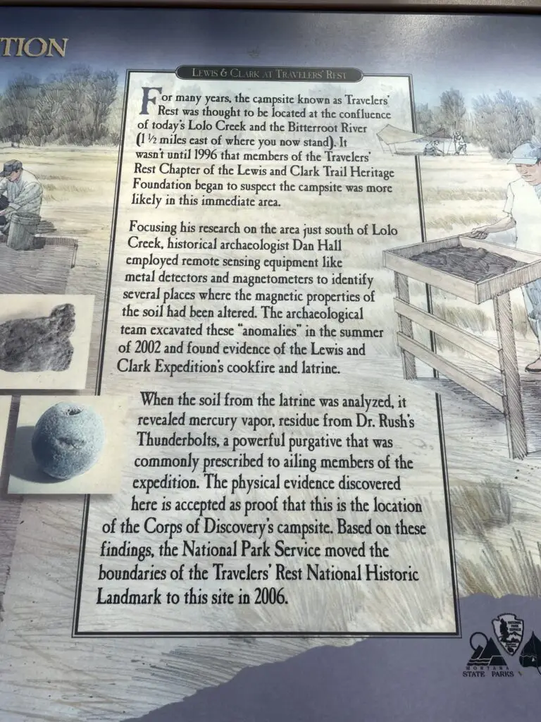 Informational, trail sign that explains how the site was analyzed and that the mercury they found in the soil indicates it was likely the location of the camp's latrine. 