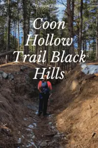 Back view of a woman walking through a narrow gulley. Patchy snow on dirt hillsides loom just over her head on both sides. A tall, pine tree forest rises from the gulley. Pin reads, Coon Hollow Trail Black Hills"