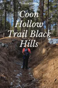 Rear view of a woman walking through a narrow gulley. Patchy snow on dirt hillsides loom just over her head on both sides. A tall, pine tree forest rises from the gulley. Pin reads, Coon Hollow Trail Black Hills"