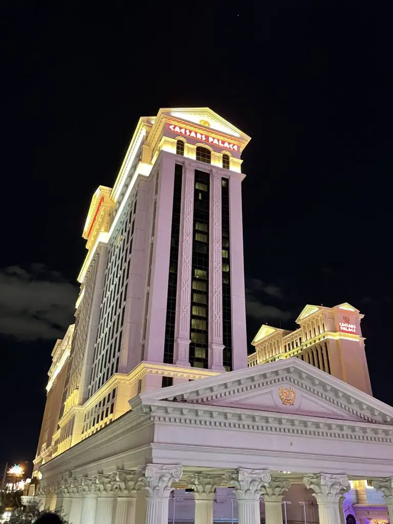 The marble tower of the Ceasar's Palace casino rises from the ground below