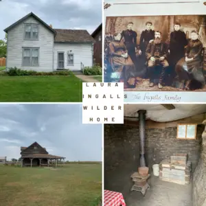 A collage of 4 pictures: 1) A white house stands in town; 2) Old, brown and white photograph of a man and two women sitting with three other women standing behind each of them; 3) A wooden barn stands in a field near an old windmill; 4) A small table, iron stove and wooden dressing inside a rock and mud duggout house. Pin reads, "Laura Ingalls Wilder Home"