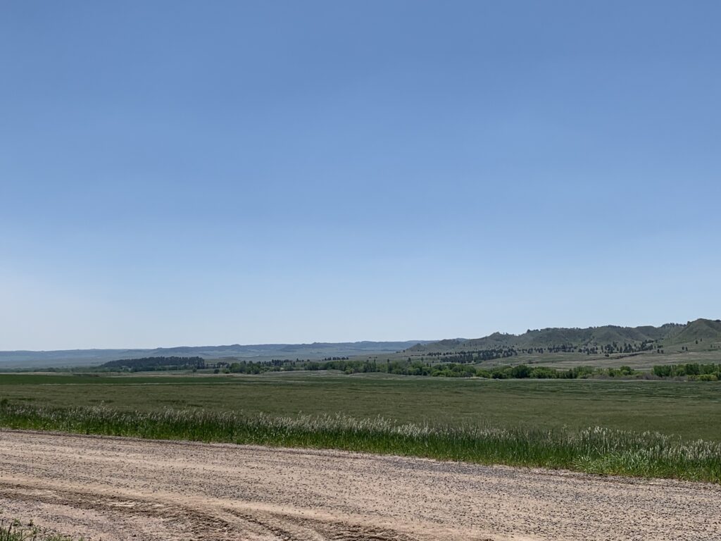 A dirt road runs alongside a wide, open grassy field under a clear blue sky, with distant hills and scattered trees on the horizon.