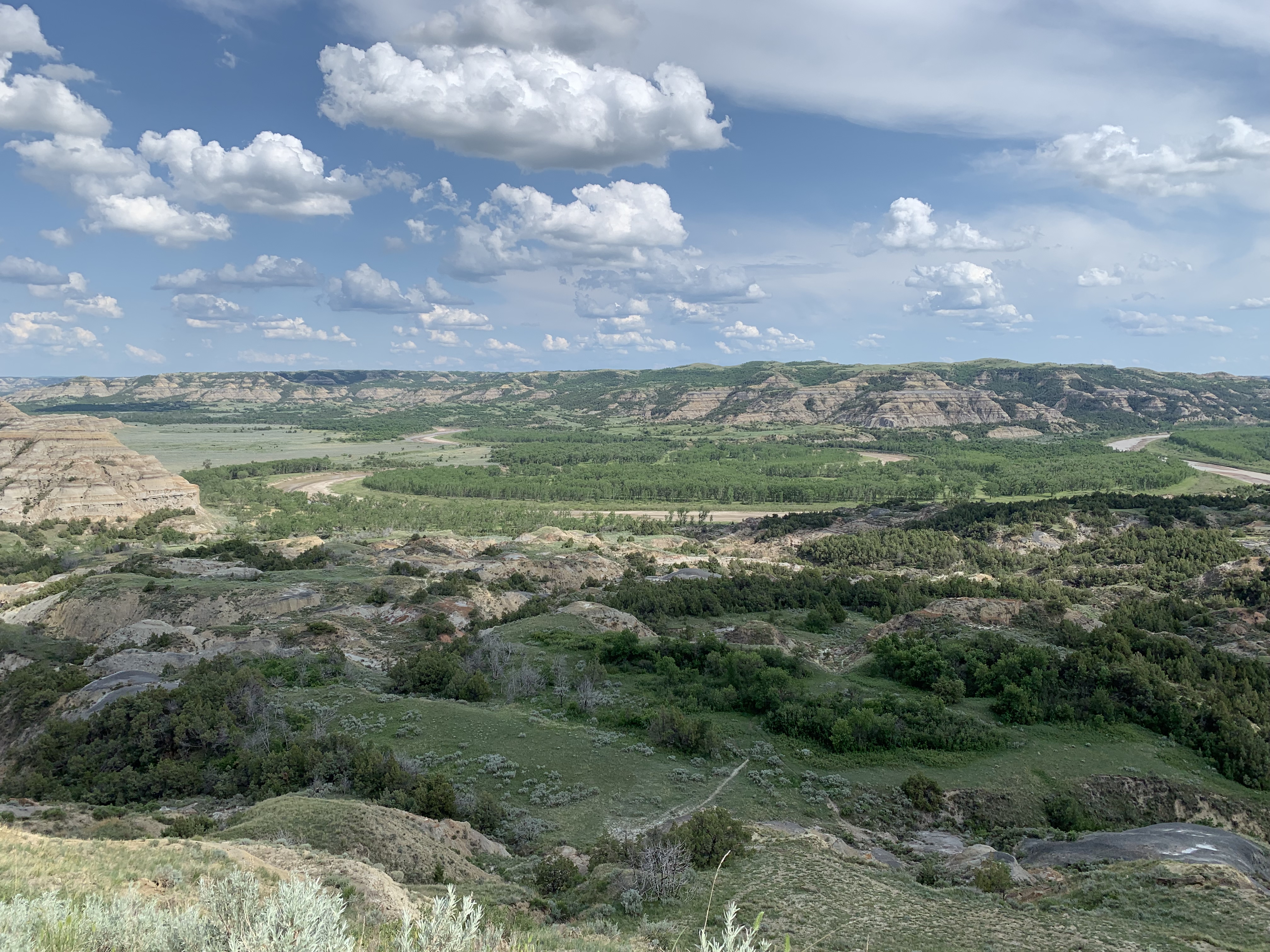 A green, river valley with a horseshoe river and rocky hills sparesely covered by grass in the background, all under a blue sky with white, puffy clouds