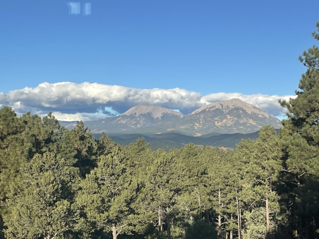 Two mountains rise in the distance under a bright blue sky with fluffy white clouds, with a dense forest of green pine trees in the foreground.