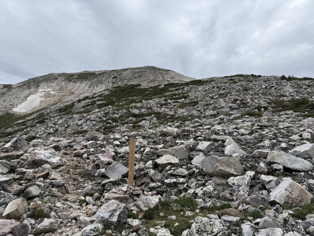 A bald, mountain slope covered in rocks of varying sizes and scattered with sparse grass under a cloudy sky. A wooden trail marker stands near the center of the image near a barely discernible, rocky footpath.
